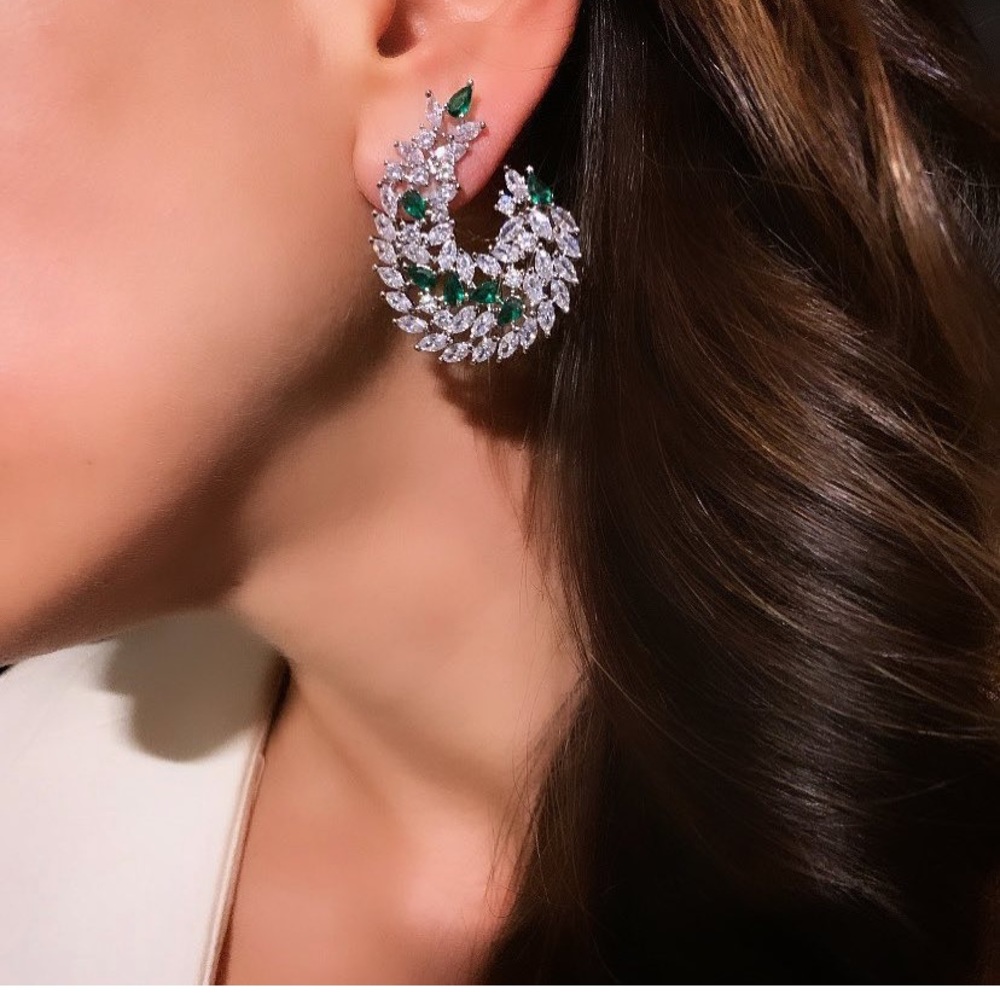 Bridal emerald green cluster curved earrings